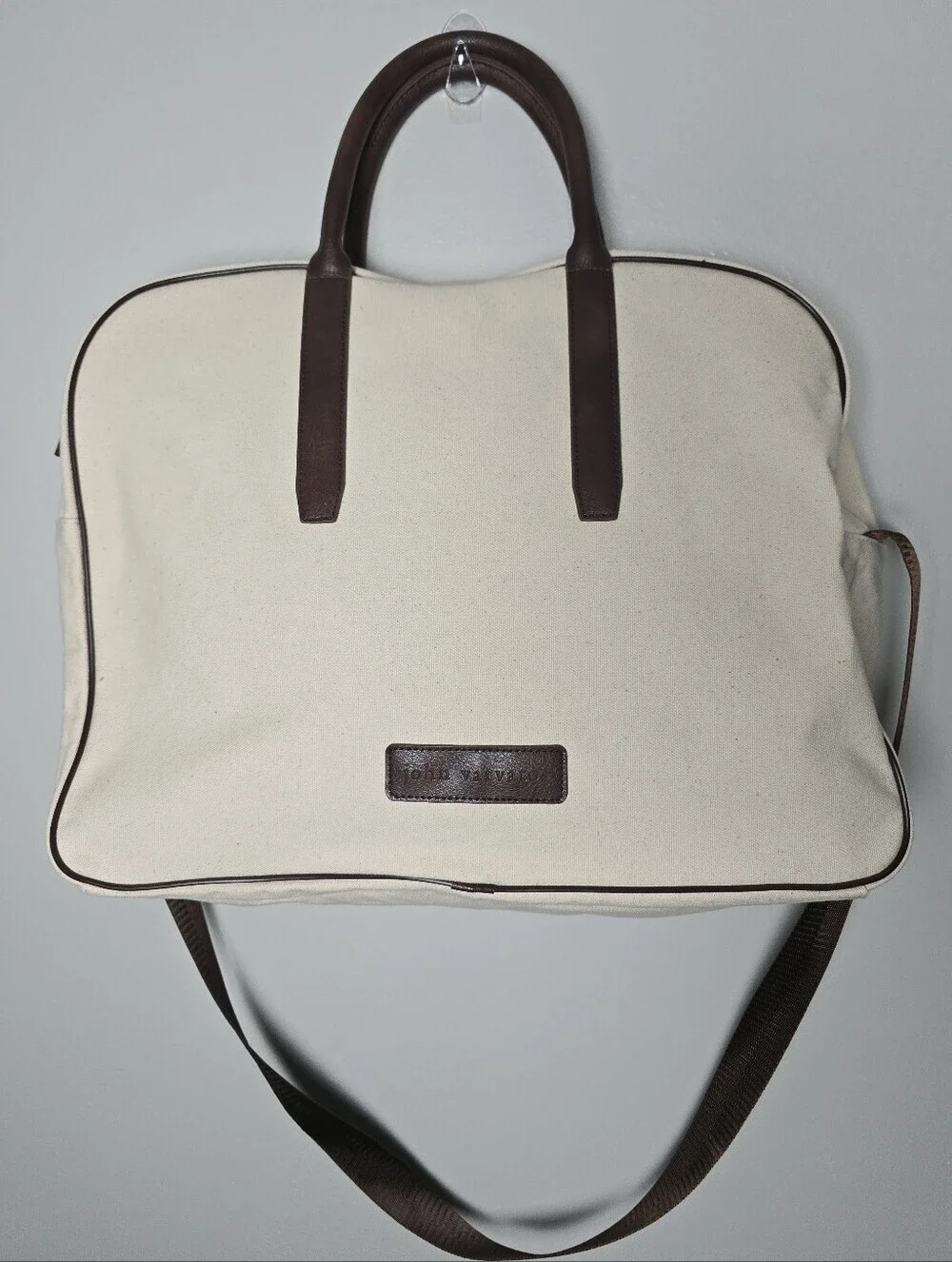 John Varvatos Canvas Crossbody Messenger Travel Bag Cream Mens